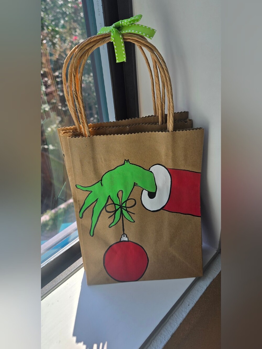 Hand-Painted Kraft Gift Bag with Grinch Design